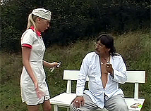 Blonde teenage nurse pleasing stiff seniors cock outdoor